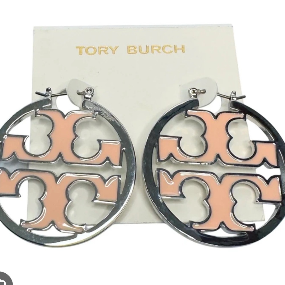 Tory Burch Silver and Peach Hoop Earrings
